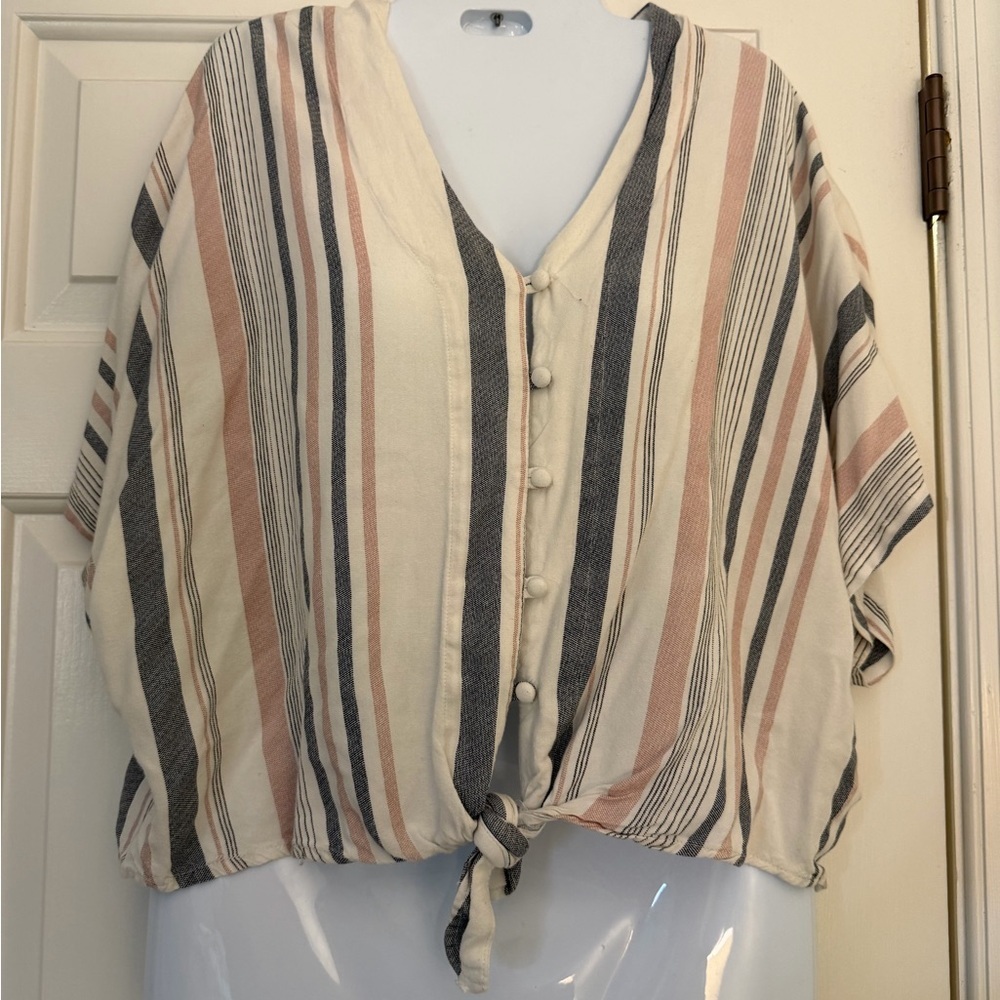 Sim & Sam batwing butterfly sleeve crop top Striped Button-Down Tie-Front Top